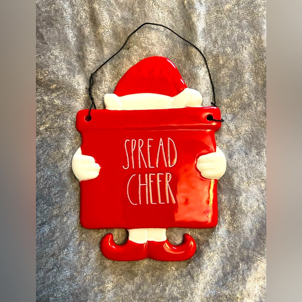 Rae Dunn SPREAD CHEER Ceramic Elf Plaque Red White Wire Hanger